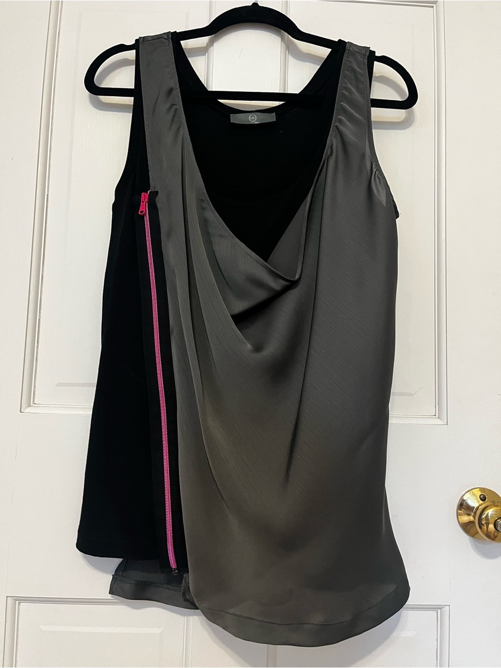 Alexander McQueen Black & Charcoal Draped Tank with Pink Zip Accent